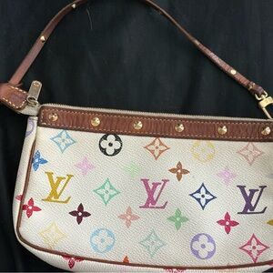 Louis Vuitton White Multicolor Monogram Shoulder Bag with Brown Trim